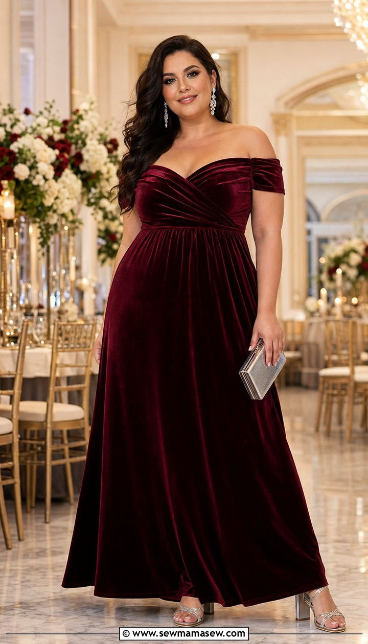 Plus size off shoulder velvet maxi dress wedding guest outfit - 35 plus size wedding guest outfit ideas