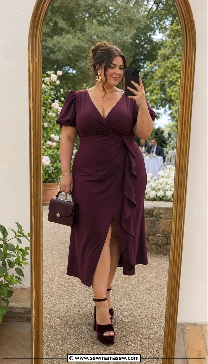 Plus size puff sleeve wrap midi dress wedding guest outfit - 35 plus size wedding guest outfit ideas
