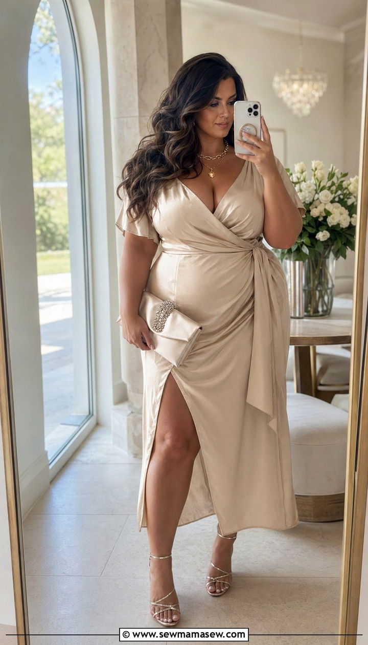 Plus size satin wrap midi dress wedding guest outfit - 35 plus size wedding guest outfit ideas