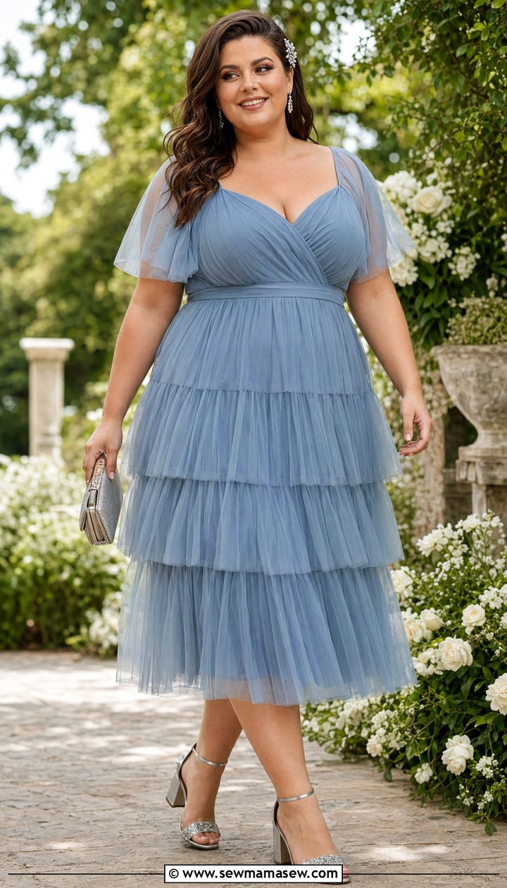 Plus size tiered tulle midi dress wedding guest outfit - 35 plus size wedding guest outfit ideas