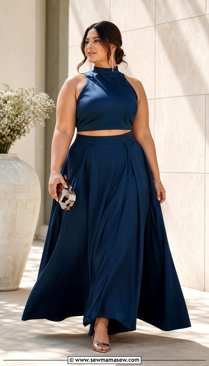 Plus size two piece skirt and top set wedding guest outfit - 35 plus size wedding guest outfit ideas
