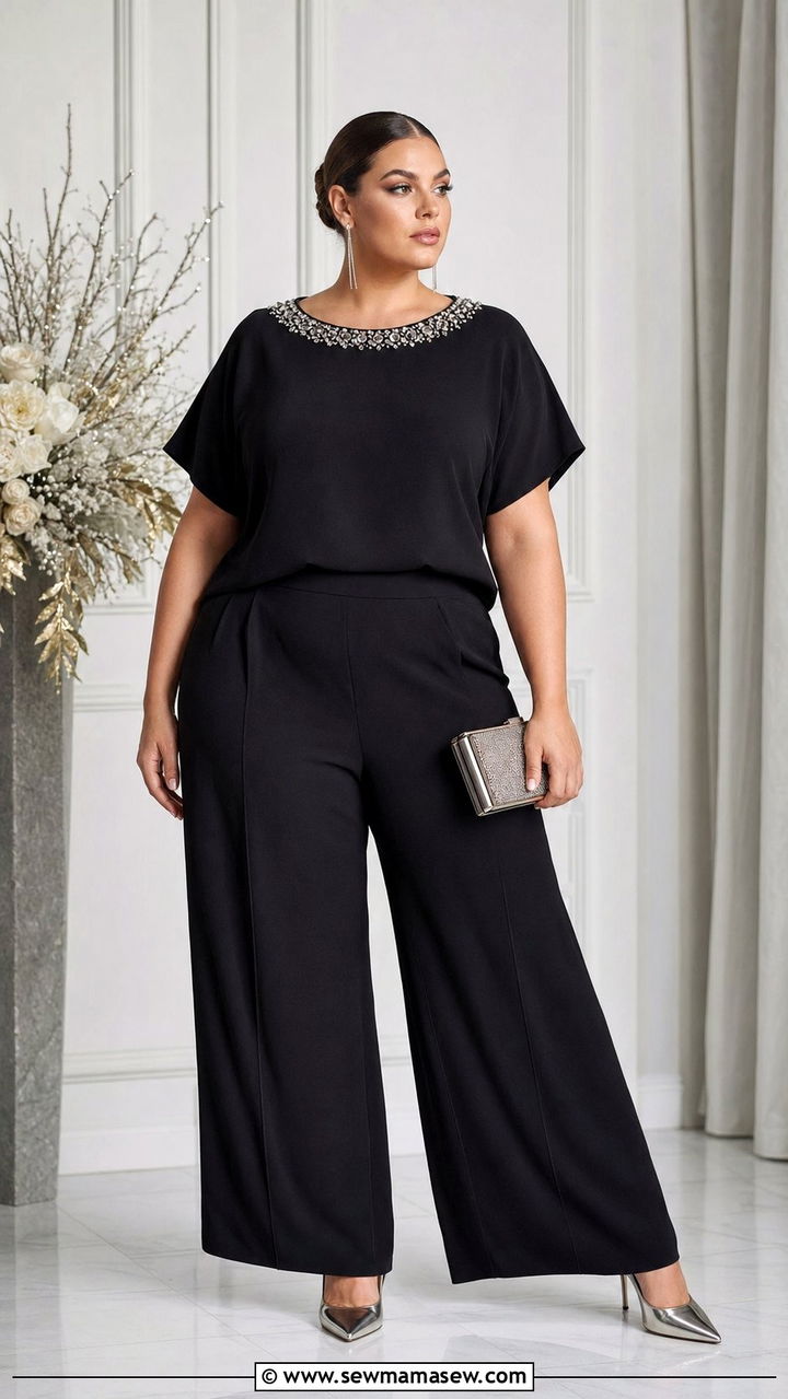 Plus size two piece wide leg trousers and embellished top wedding guest outfit - 35 plus size wedding guest outfit ideas