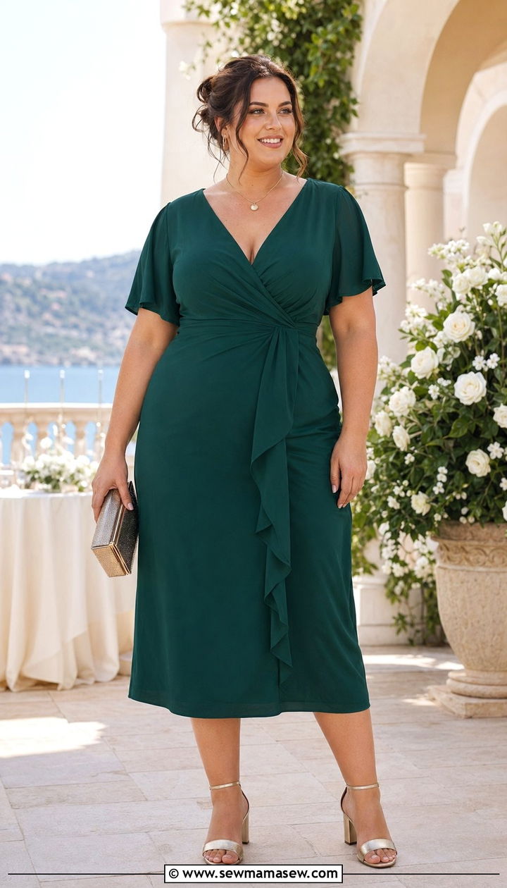 Plus size wedding guest wrap dress with block heels - 30 Wedding guest outfits with dresses