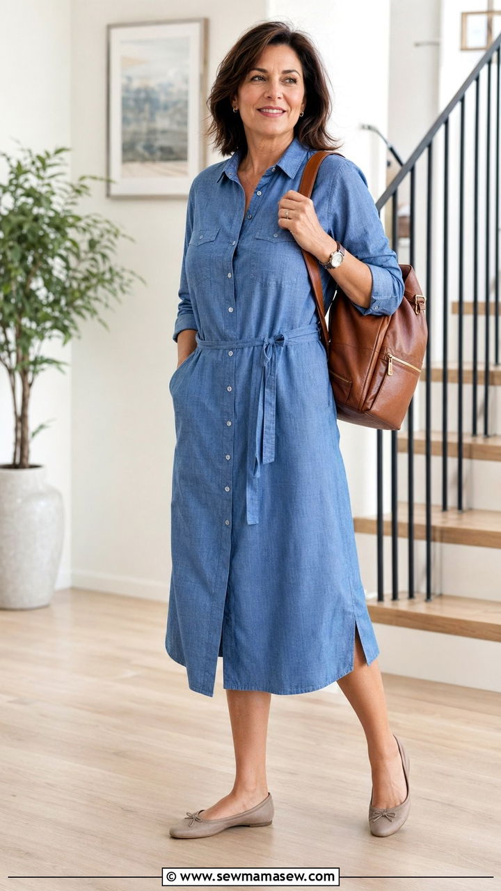 Pocket Midi Shirt Dress With Everyday Flats - 30 Best dresses for women over 50