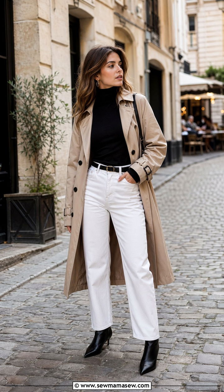 Pointed Toe Ankle Boots With White Jeans And Trench Coat Outfit - 30 Ankle boots outfit ideas with jeans