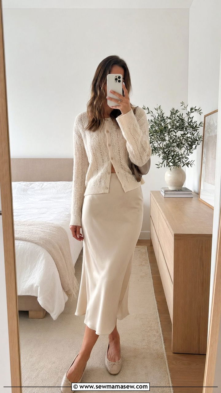 Pointelle Cardigan With Satin Slip Skirt Outfit - 35 romantic outfits for women