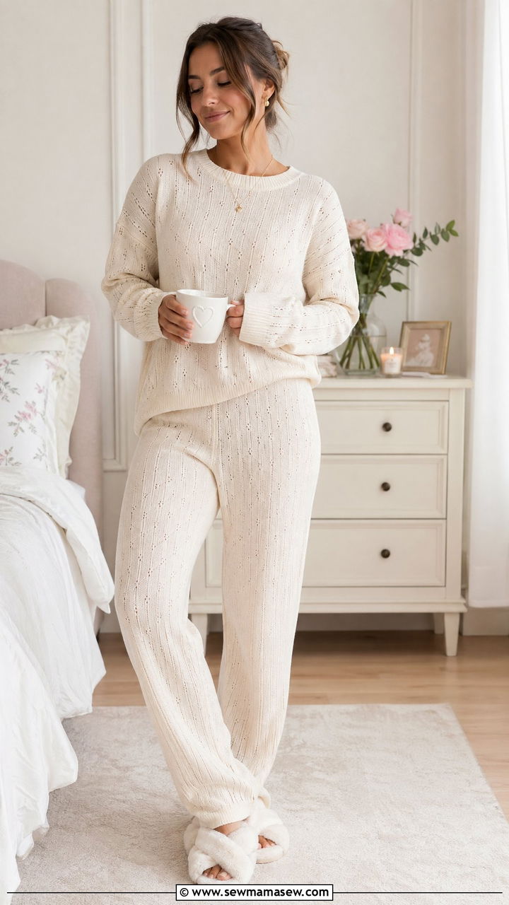 Pointelle Knit Set With Delicate Gold Jewelry - 35 Classy loungewear outfit ideas