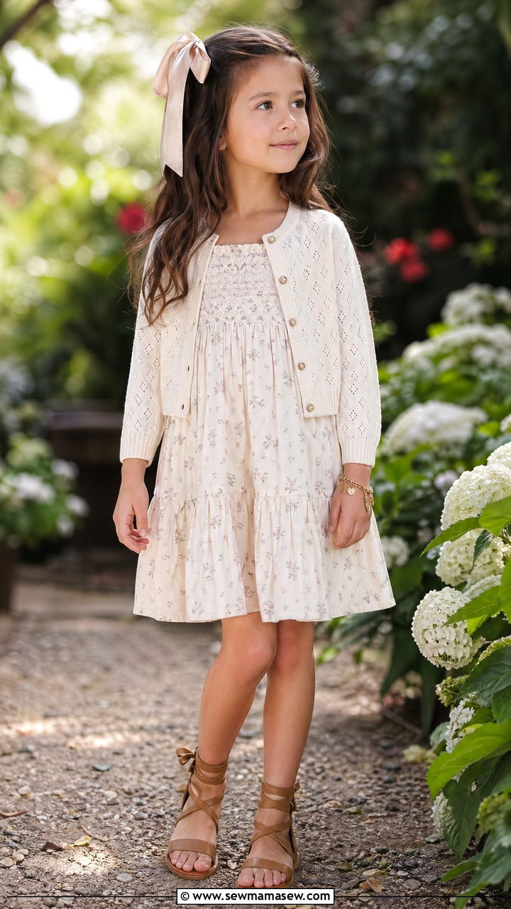 Pointelle cardigan with peasant dress - 35 Spring outfits for little girls