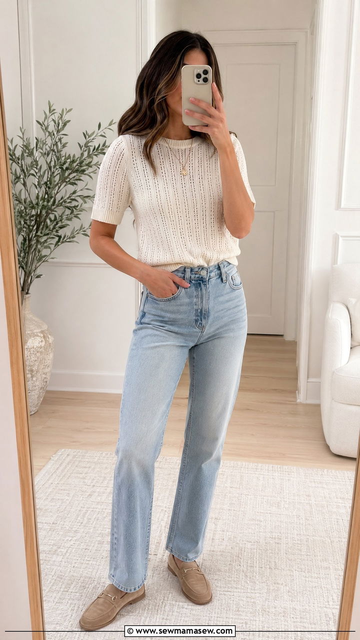 Pointelle knit and light wash jeans - 35 spring simple outfit ideas
