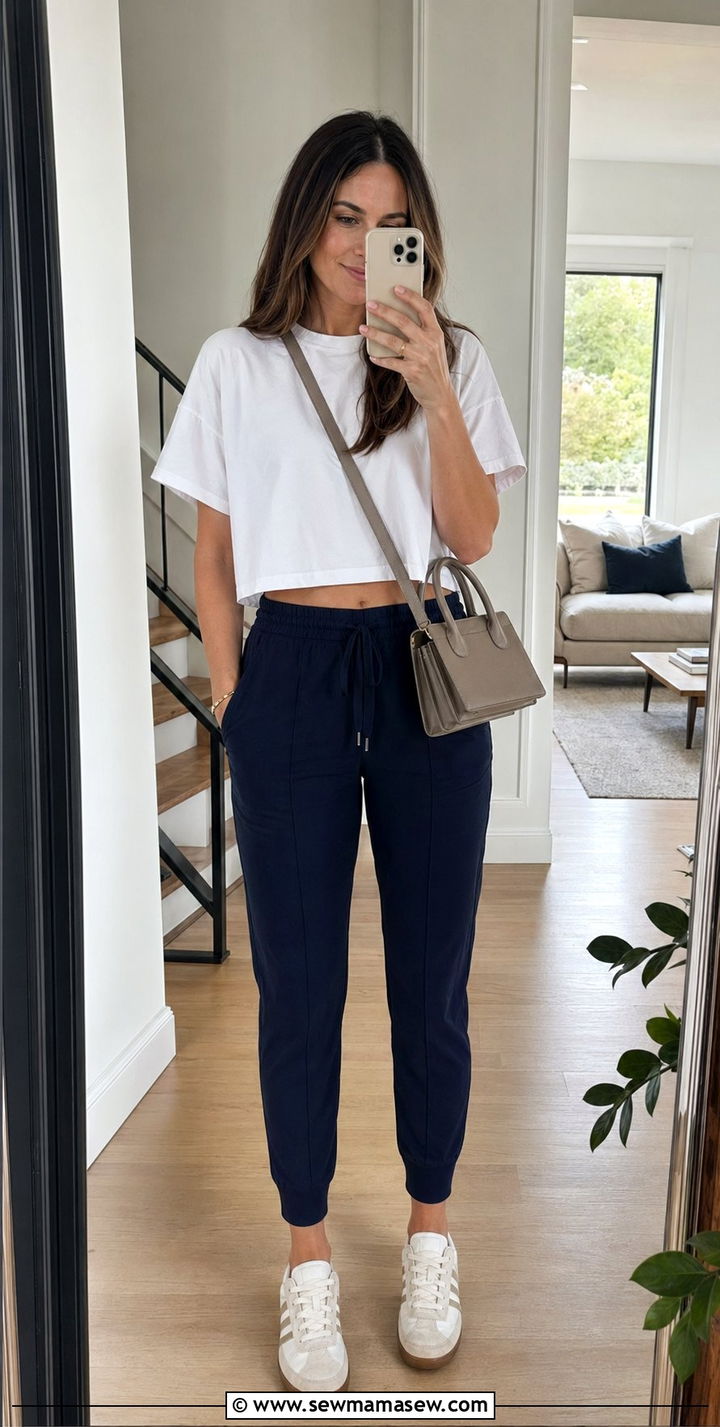 Polished Joggers With a Boxy Cropped Tee - 35 School drop off outfit ideas
