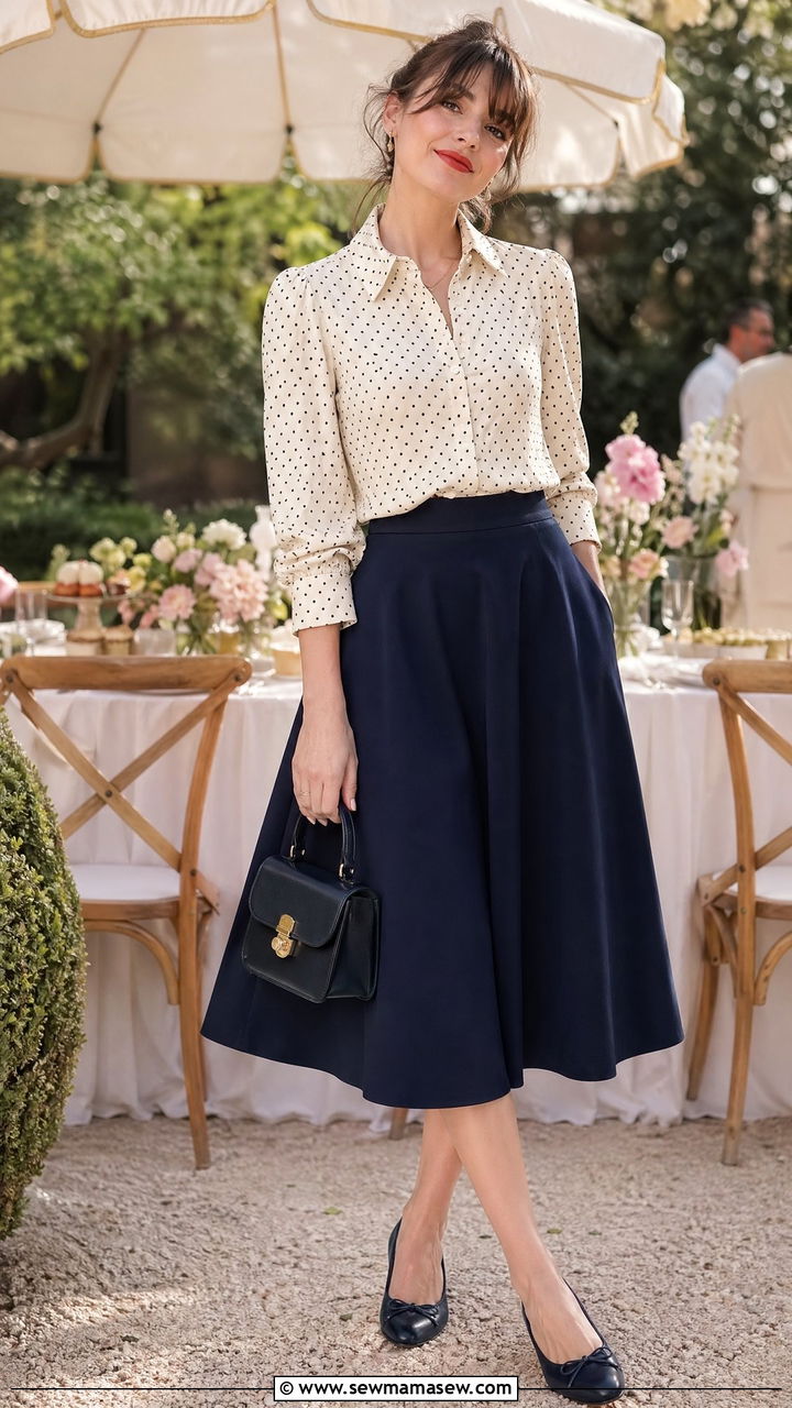 Polka Dot Blouse With A Line Midi Skirt And Ballet Flats - 35 spring french girl outfits
