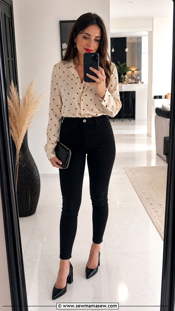 Polka Dot Blouse With Black Skinny Jeans - 30 Spring capsule wardrobe Parisian