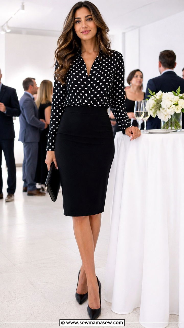 Polka Dot Blouse With Pencil Skirt and Pumps - 30 spring office party outfit ideas