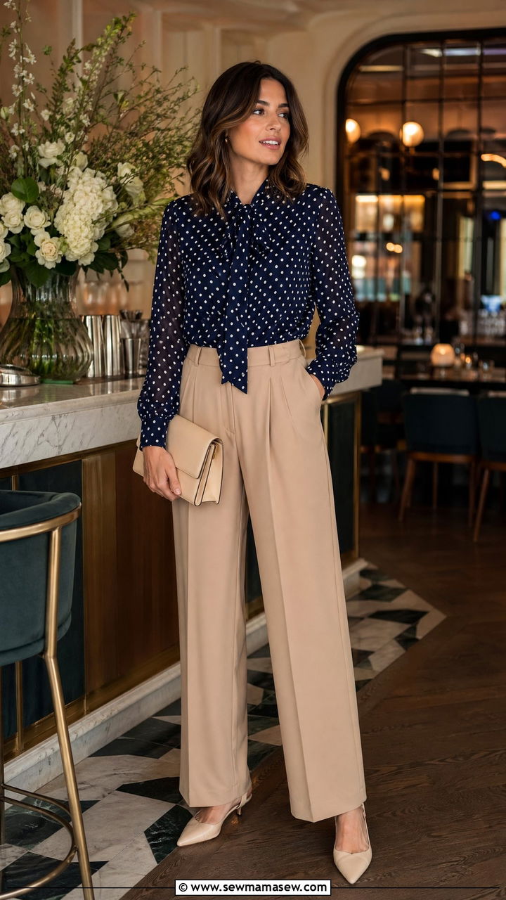 Polka Dot Blouse With Tailored Trousers - 35 spring chic outfit ideas