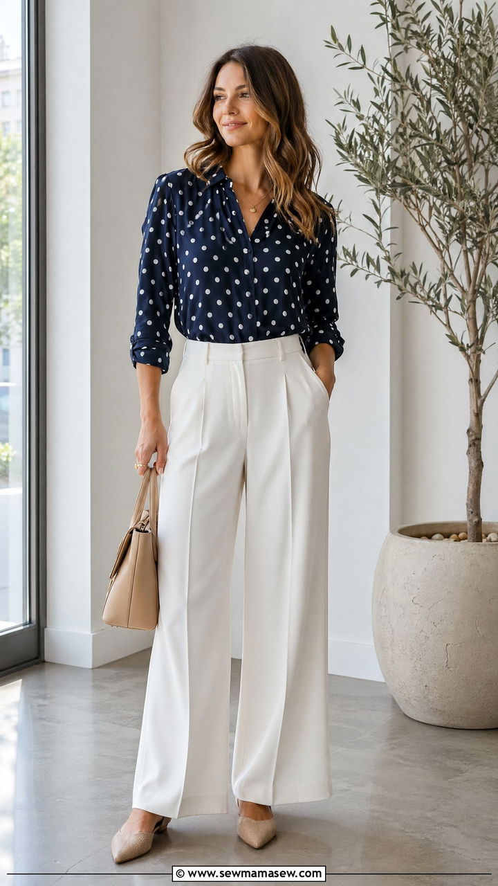 Polka Dot Blouse With White Wide Leg Pants And Mules - 35 spring feminine outfit ideas
