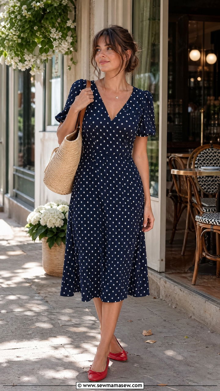 Polka Dot Dress Outfit With Red Ballet Flats And Woven Bag - 35 classy dress outfits