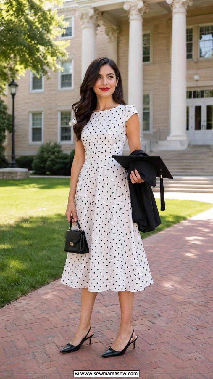 Polka Dot Dress With Kitten Heels - 35 classy graduation outfit ideas
