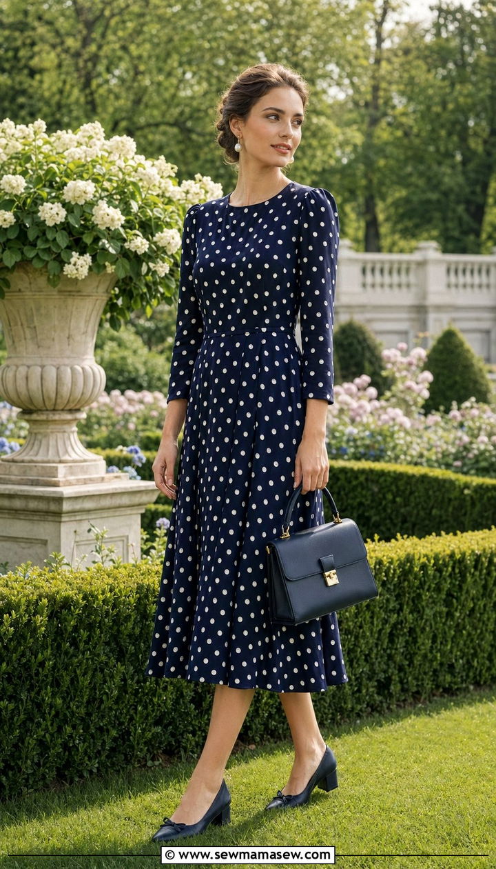 Polka Dot Dress with Structured Handbag - 35 Old money spring outfits