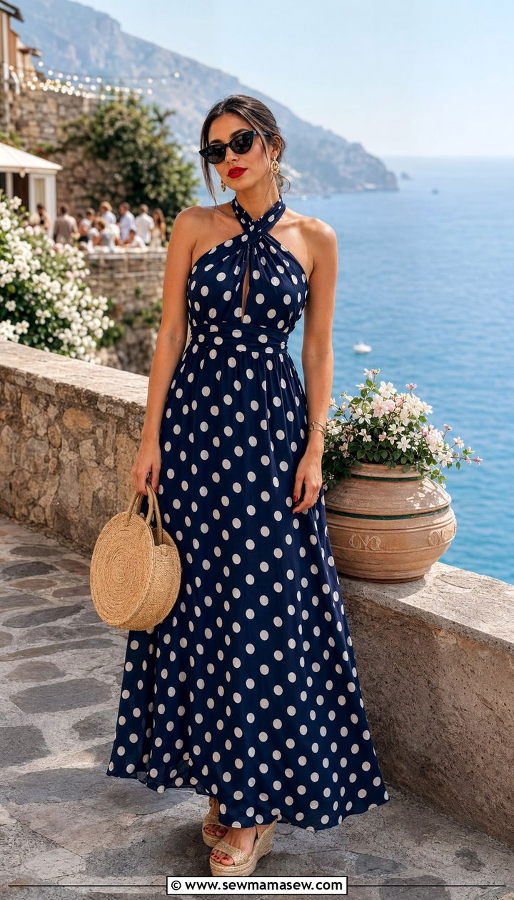 Polka Dot Halter Neck Dress Wedding Guest Outfit - 30 Wedding guest outfits summer 2026