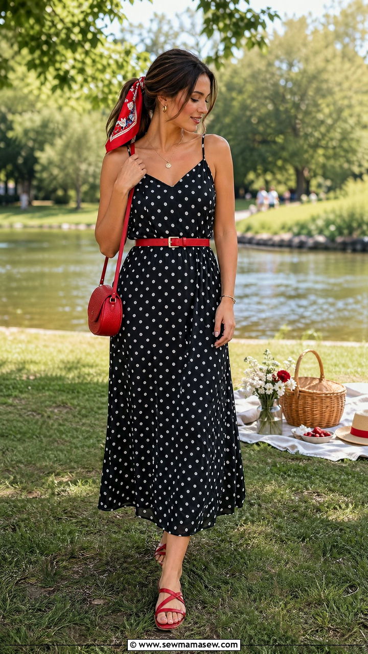 Polka Dot Maxi Dress with Red Accessories and Flat Sandals - 35 Summer outfits with maxi dresses