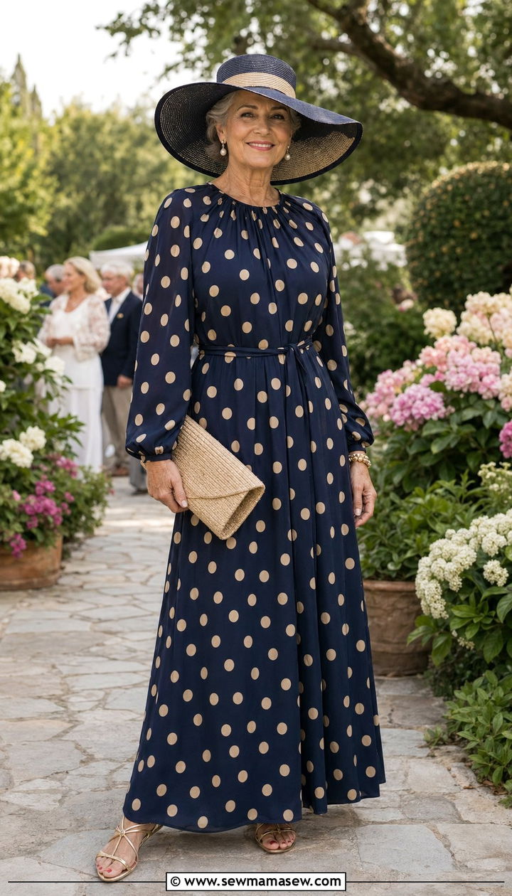 Polka Dot Maxi Dress with Statement Hat - 35 Outfit ideas for women over 70 2026