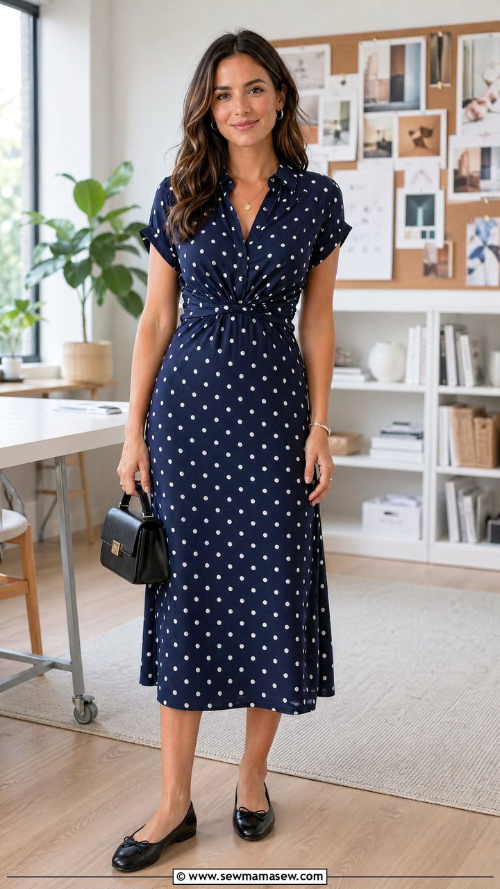 Polka Dot Midi Dress With Ballet Flats - 35 summer business casual outfits