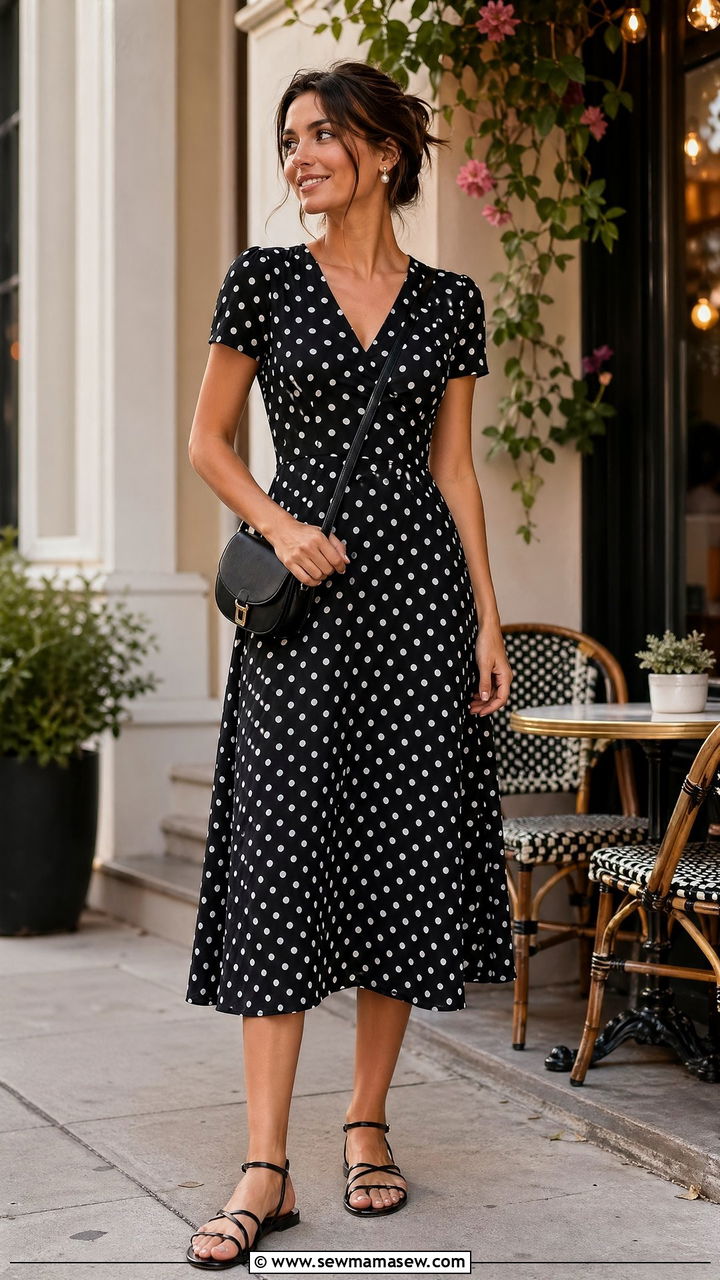 Polka Dot Midi Dress With Black Strappy Sandals - 35 Summer outfits with midi dresses