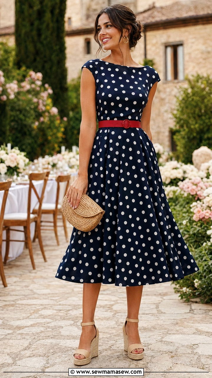 Polka Dot Midi Dress With Espadrille Wedges - 30 Afternoon wedding guest outfits