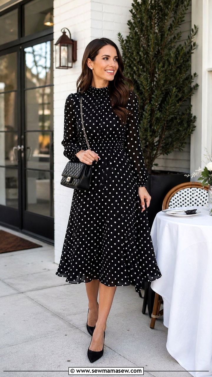 Polka Dot Midi Dress With Pointed Pumps - 30 spring midi dress outfit ideas