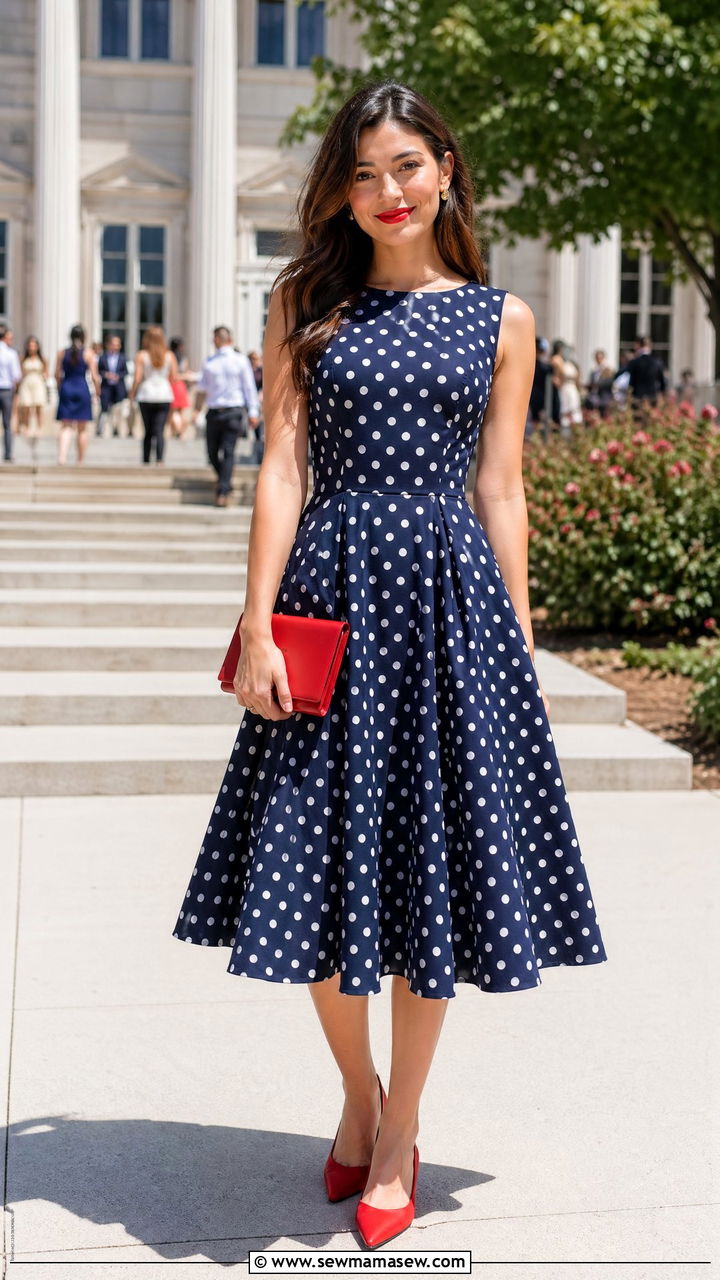 Polka Dot Midi Dress With Red Accessories - 35 summer graduation outfit ideas