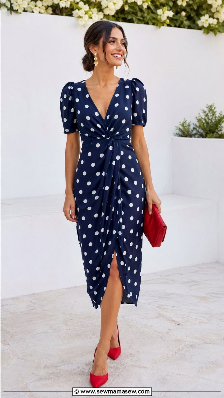 Polka Dot Midi Dress With Red Accessories - 30 wedding guest outfits ideas