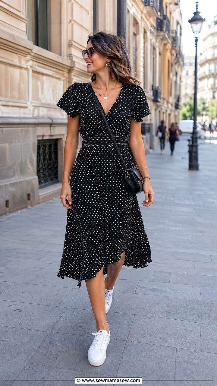 Polka Dot Midi Dress With White Sneakers Summer Outfit - 35 Summer outfit essentials 2026
