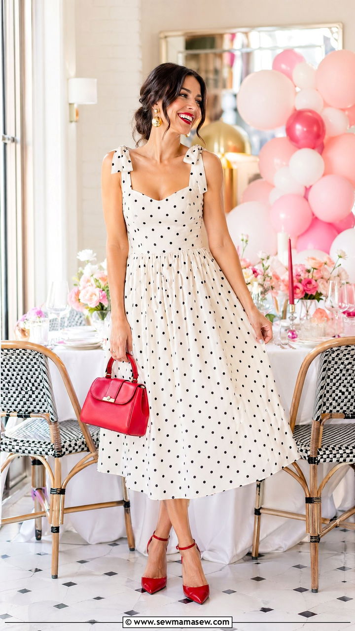Polka Dot Midi Dress and Red Accessories - 35 spring bridal shower outfit ideas