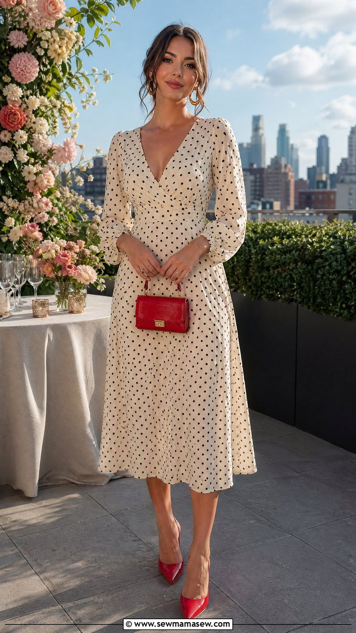 Polka Dot Midi Dress with Red Accessories - 35 What to wear to a spring wedding