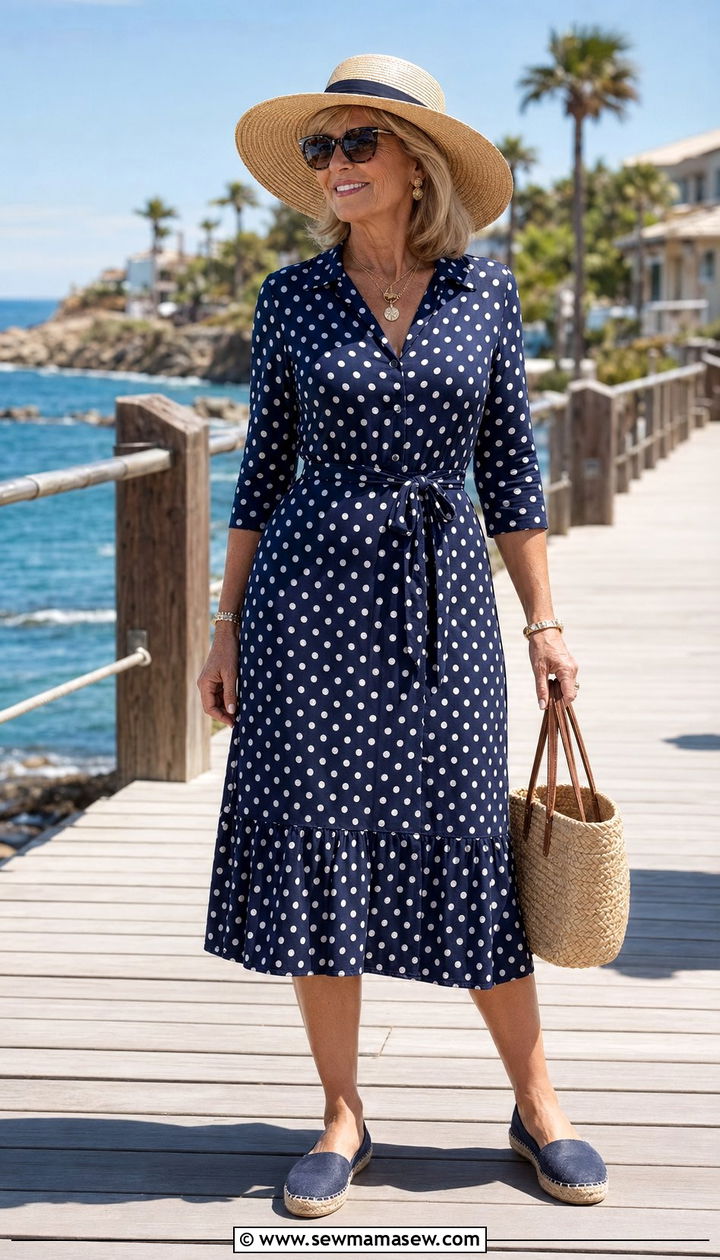 Polka Dot Midi Dress with Straw Hat and Tote - 30 Aesthetic outfit ideas for women over 50