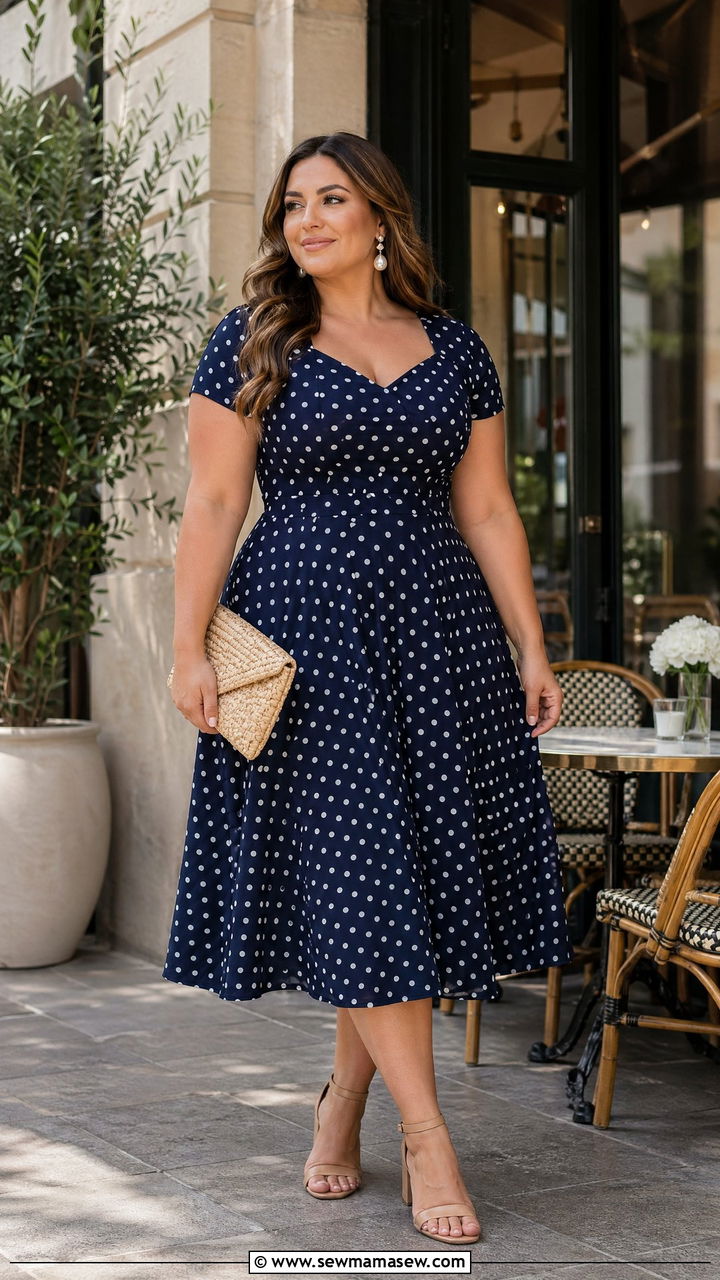 Polka Dot Midi Dress with a Woven Clutch - 35 Travel outfits for curvy women