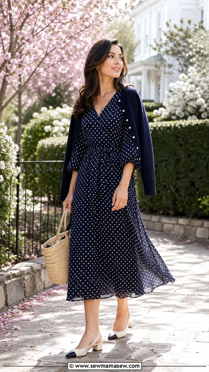 Polka Dot Midi Dress - 30 spring modest outfit ideas