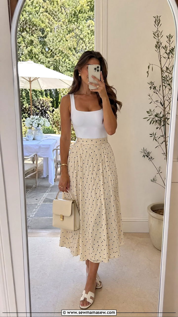 Polka Dot Midi Skirt and White Tank With Slides - 35 summer garden party outfit ideas