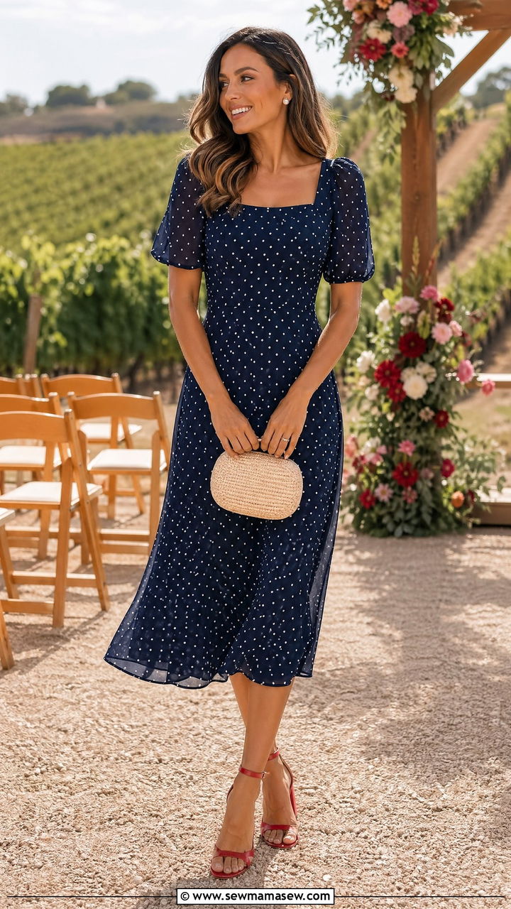 Polka Dot Navy Dress with Red Block Heels - 35 Vineyard wedding guest outfits