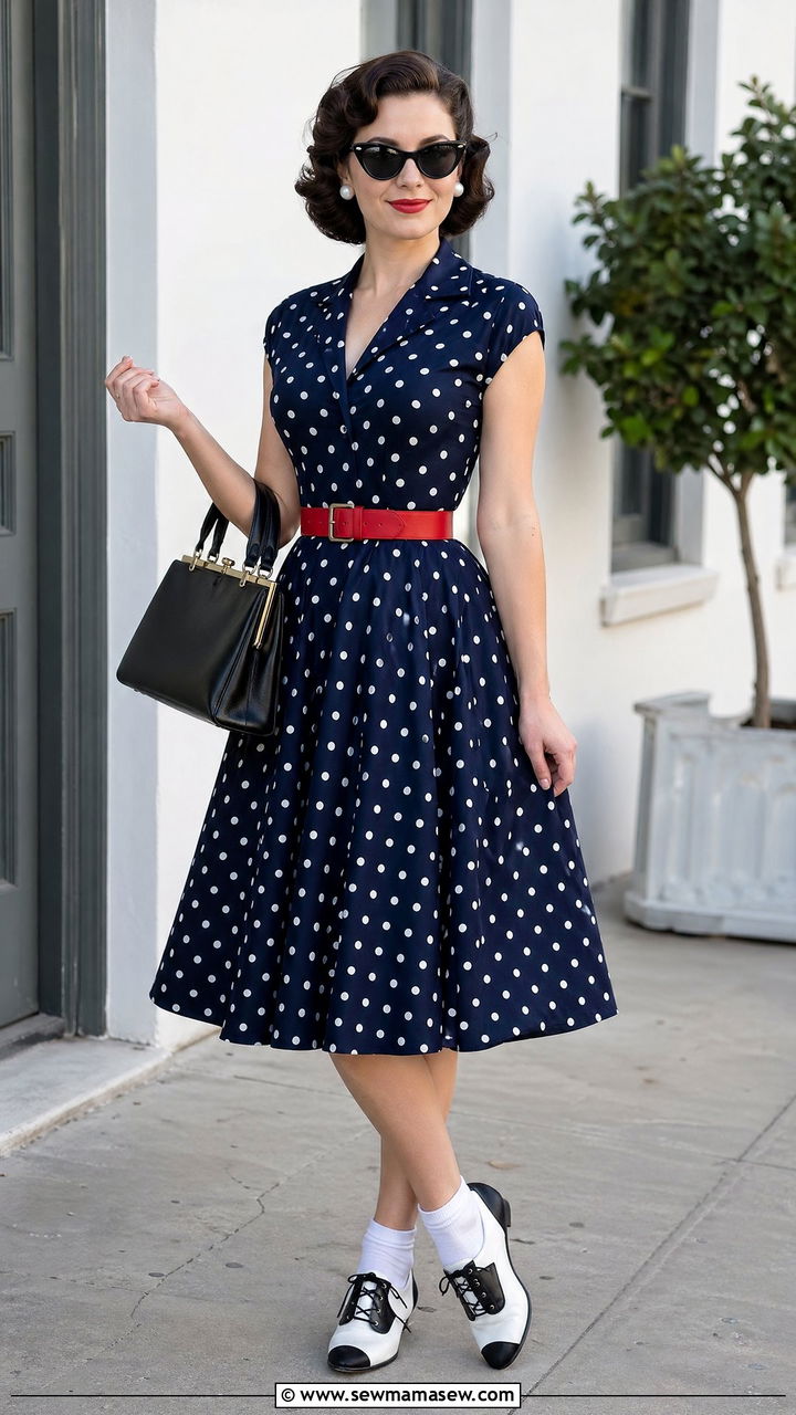 Polka Dot Swing Dress with Saddle Shoes - 35 Vintage 50s outfit ideas