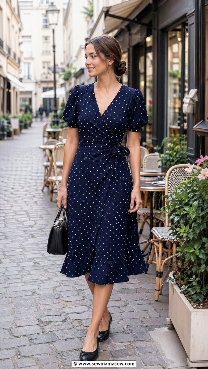 Polka Dot Wrap Dress With Ballet Flats - 35 vacation outfits 2026