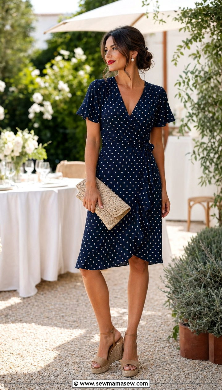 Polka Dot Wrap Dress With Wedges - 30 Wrap dress outfit ideas for summer