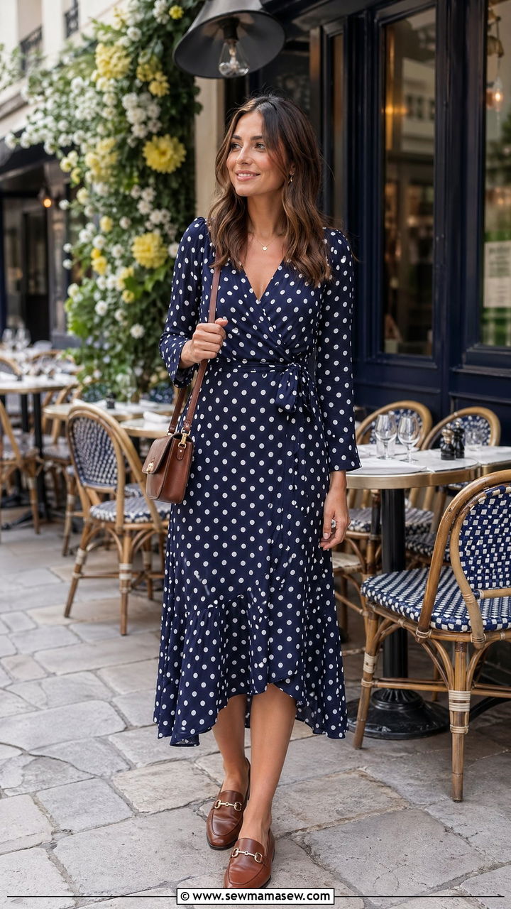 Polka Dot Wrap Dress with Loafers and Crossbody Bag - 35 Spring Paris outfit ideas