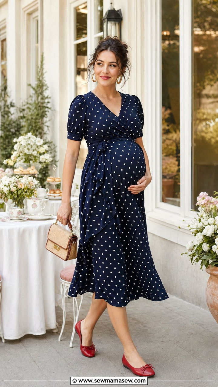 Polka Dot Wrap Midi Dress with Red Ballet Flats - 30 Baby shower outfits for mom to be