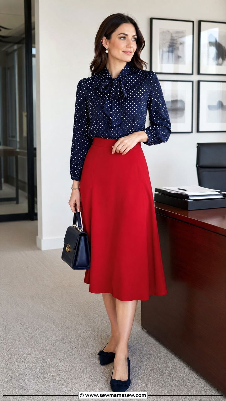 Polka dot blouse and solid midi skirt outfit - 35 summer skirt outfit ideas