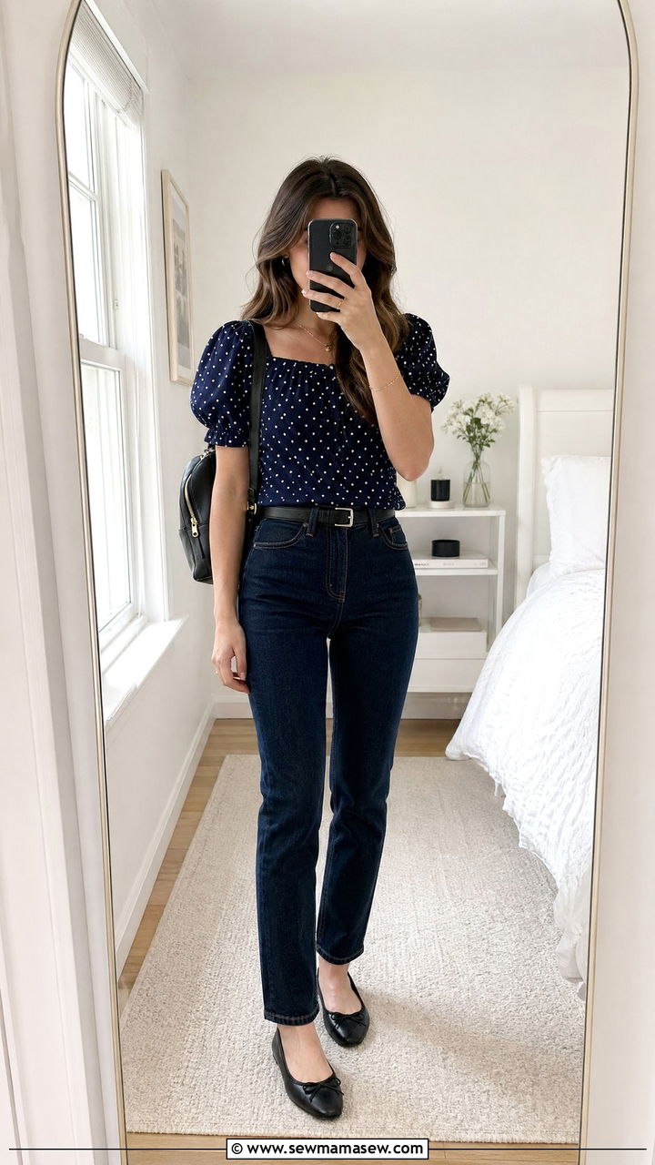 Polka dot blouse with dark wash jeans outfit - 35 Spring outfits for school