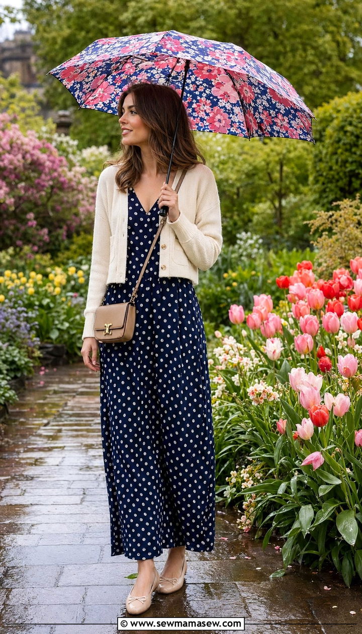 Polka dot maxi dress with ballet flats and a cropped cardigan - 30 April showers outfit ideas