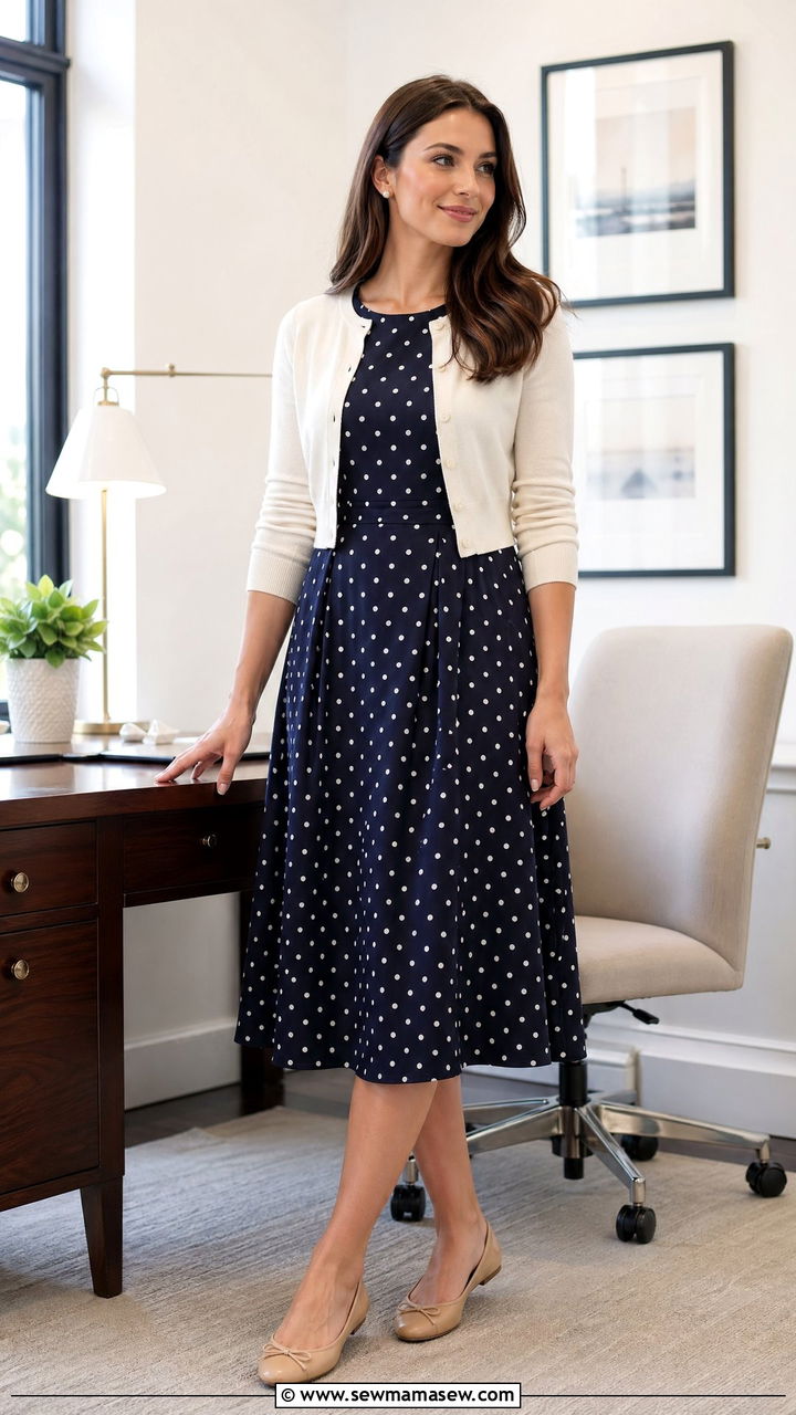 Polka dot midi dress with a cropped cardigan and ballet flats - 35 Summer business casual outfits for women