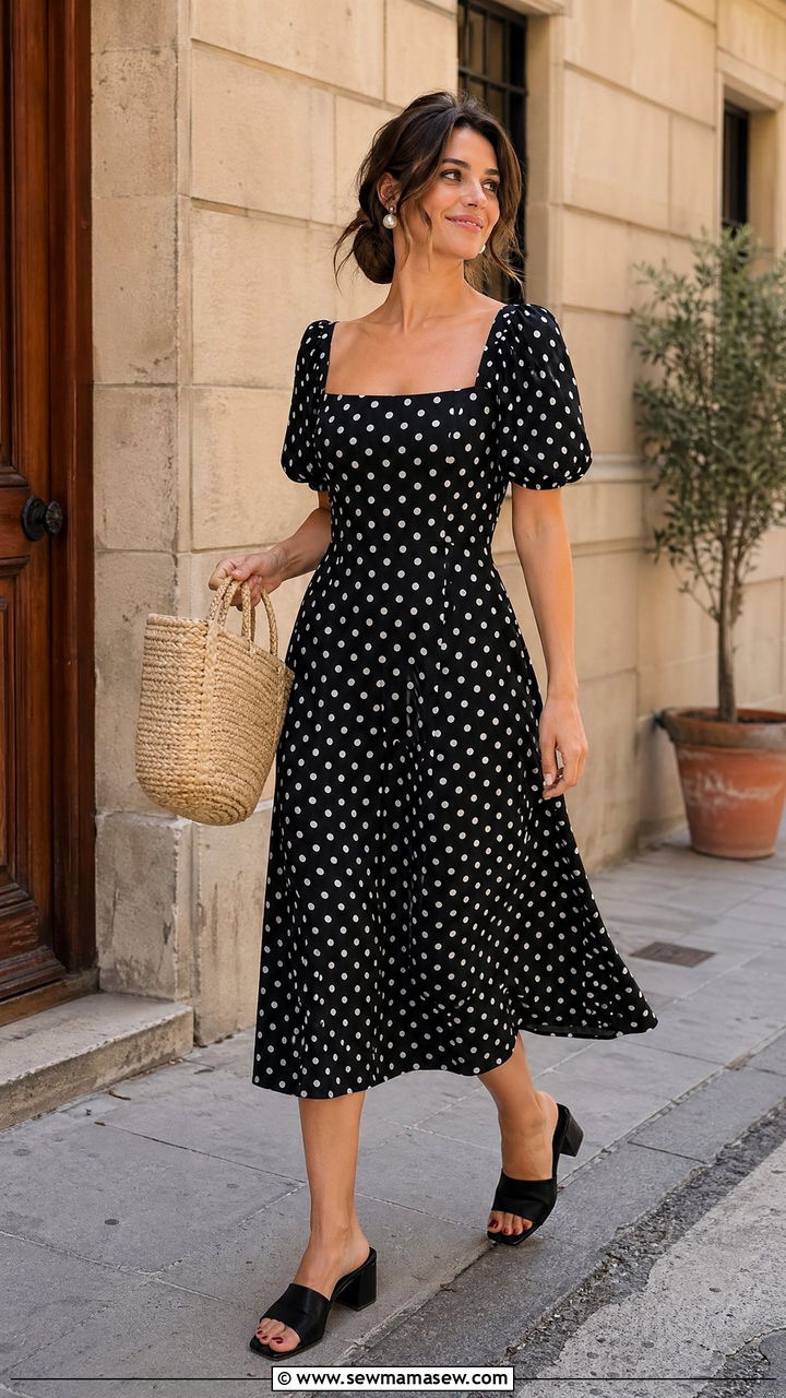 Polka dot midi dress with basket bag and block heels - 35 Vacation outfit ideas summer 2026