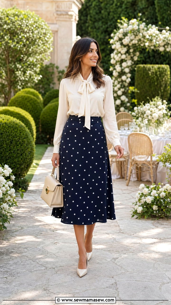Polka dot midi skirt with solid color blouse - 30 Wedding guest outfits with skirts